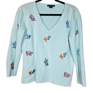 Vintage 90s Eagle's Eye L Blue Fish Embroidered Cotton Sweater V Neck Ribbed